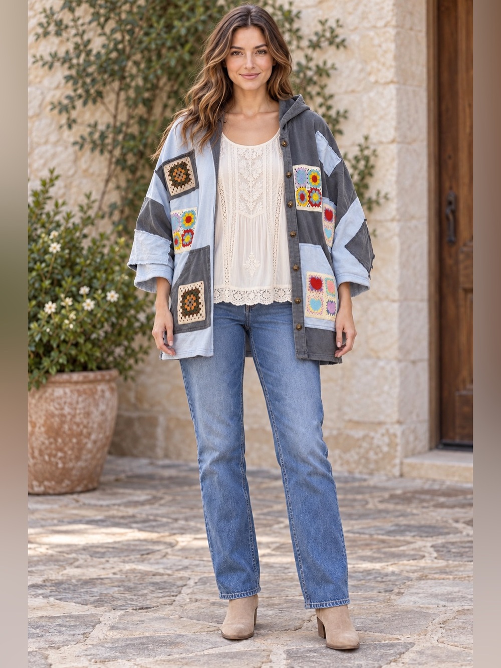 H163 Nwt Blue Velvet L ptp34 Boho Patchwork Crochet Hooded Jacket Top oversized